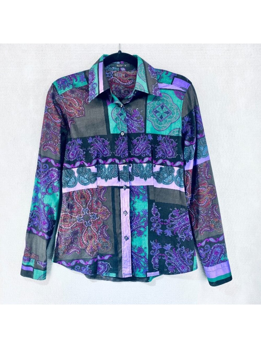 Etro Top Womens 42 Purple Paisley Patchwork Cotton Blend Button Up Blouse Italy